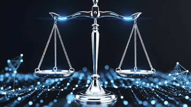 Futuristic scales of justice glow with neon blue light against a dark background