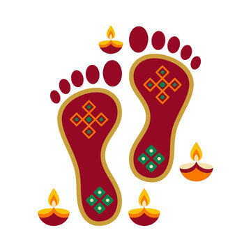 Vector illustration of Goddess Lakshmi footprints with burning diyas