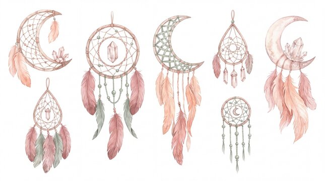 Boho dream catcher collection, watercolor bohemian style illustrations with feathers and crystals, mystical spiritual design elements for decor and branding