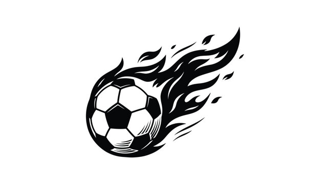 Soccer ball with flames black and white vector illustration on white background