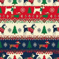 Fototapeta premium Seamless pattern of dogs wearing winter sweaters with Christmas trees and snowflakes