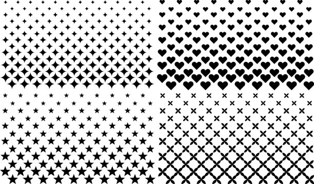 Abstract seamless halftone pattern background with radial heart star floral shapes for websites covers banners posters brochures flyers wallpapers presentations modern design. Vector Illustration