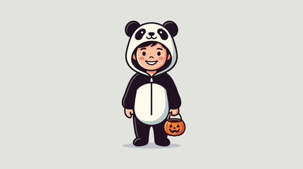 Cute boy wearing panda costume holding pumpkin bucket for trick or treating © sland