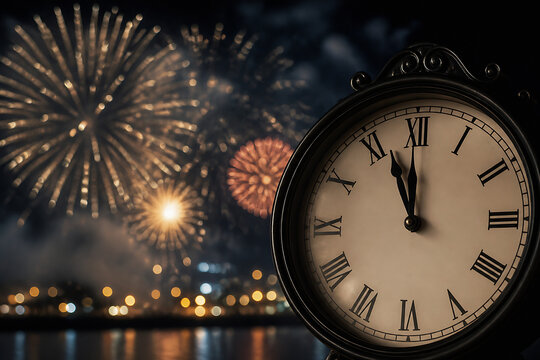 A vintage alarm clock is prominently featured in the foreground against a dark backdrop of fireworks exploding over a city skyline at night.