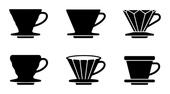Coffee Pour Over Dripper Icons, Manual Brewing Equipment Set, Black Silhouette Vector Graphics