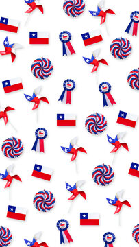 Staggered seamless pattern of Chilean patriotic decorations, traditional national flags, paper pinwheels and tricolor rosettes isolated on transparent background, panoramic vertical 9:16 PNG format