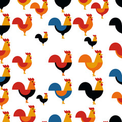 Seamless pattern with colorful stylized roosters on a white background © siti