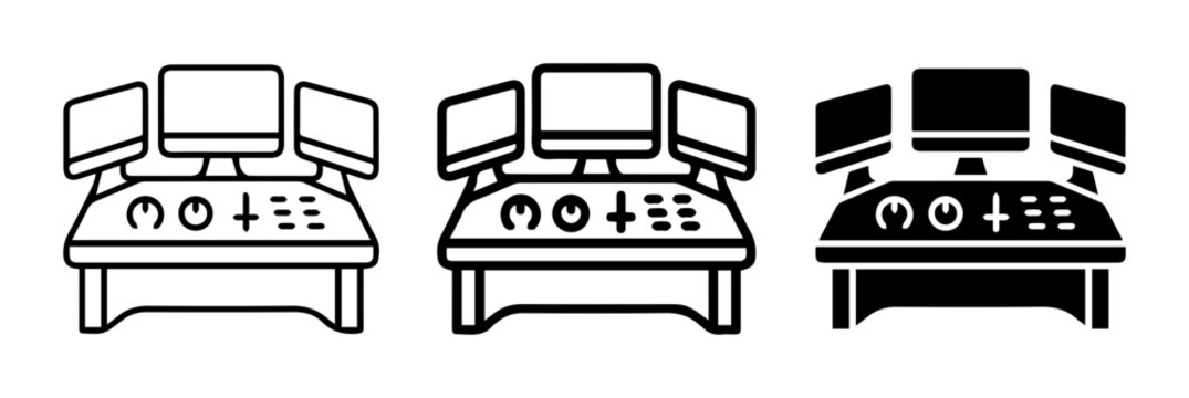 Multi-Monitor Workstation Icons, Control Desk Graphics, Technology Setup Vector Art