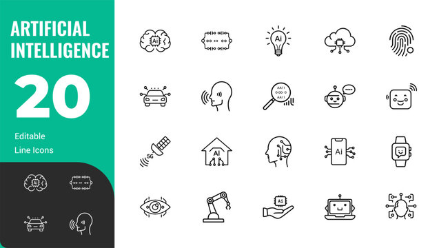 AI Icon Set, AI Technology Line Icons, Robot, Brain, Chip, Fingerprint