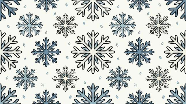Hand drawn blue snowflakes pattern on white background