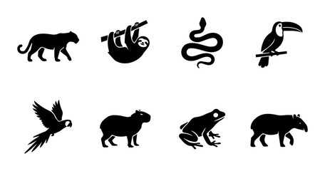 Fototapeta premium Amazon Rainforest Wildlife Icons Set, Tropical Animals Silhouette Collection, Jungle Fauna Vector Graphics
