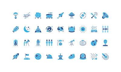Space exploration with spaceship and rocket flight, satellite, astronomy glyph icon set. UFO and alien, astronaut in helmet, Solar system, black hole solid symbols vector illustration © Icon Majesty