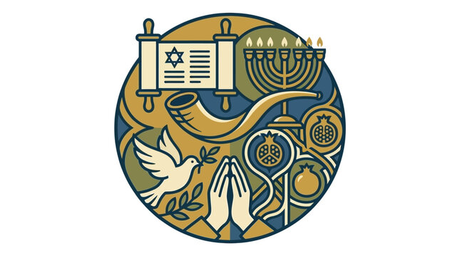 A circular illustration featuring traditional Jewish symbols and religious motifs