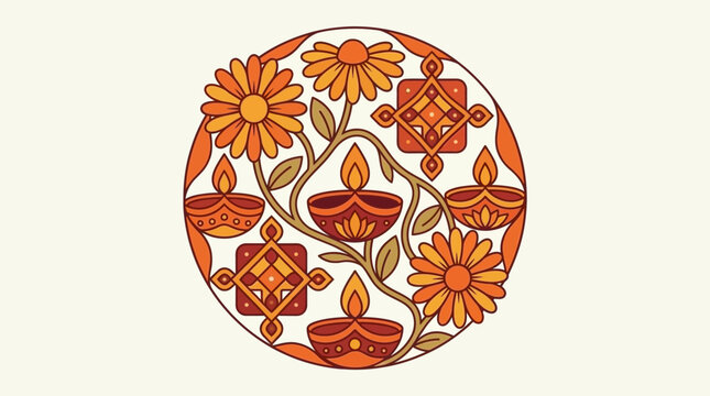 A circular illustration featuring traditional oil lamps and vibrant floral patterns