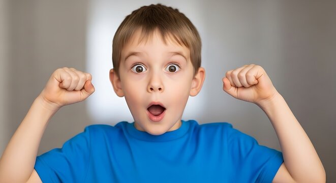 Surprised Young Boy Raising Fists Against Blurred Indoor Background