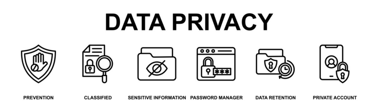 Data Privacy Banner Web Outline Icon Vector Illustration Concept for Technology with Icons of prevention, classified, sensitive information, password manager, data retention, private account
