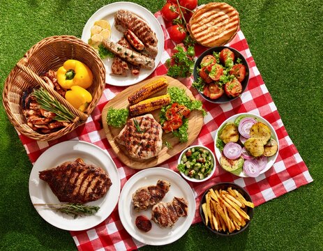 outdoor summer bbq food scene on a red and white check cloth and grass background variety of grilled meats salads and sides overhead view