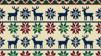 A festive knitted pattern featuring reindeer and snowflakes for winter holidays © sunan