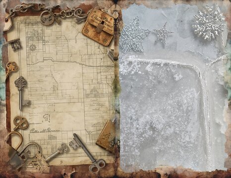 Vintage map collage with antique keys and padlocks beside frosted ice surface and silver snowflakes