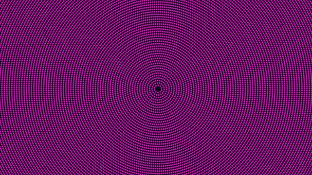 Abstract blue particles form concentric circular rings rotating around a central void in a hypnotic dark halftone background animation