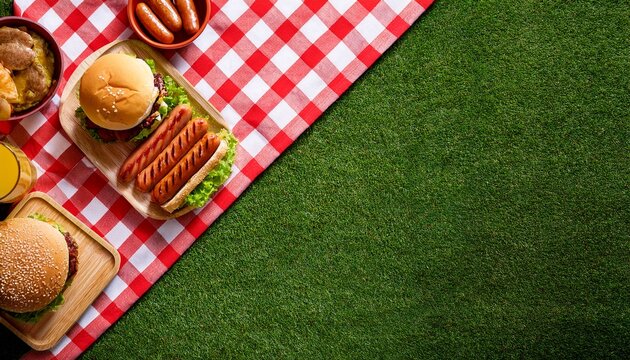 outdoor summer food bbq corner border with hot dogs hamburger and sides top view on a red and white check cloth and grass banner background