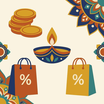 Festive Diwali sale illustration with shopping bags and a traditional diya lamp