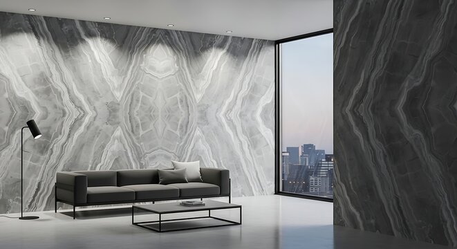 Modern Gray Sofa Arranged in Luxurious Marble Living Room with City View