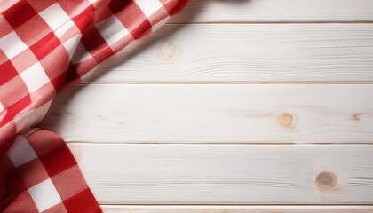 Obraz premium picnic theme white wood background with red and white check cloth corner border top view banner copy space