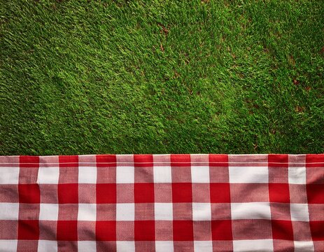 picnic theme grass background with red and white check cloth bottom border top view banner copy space