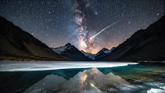 A meteor streaks across a starry sky above glacial mountains reflecting in dark water