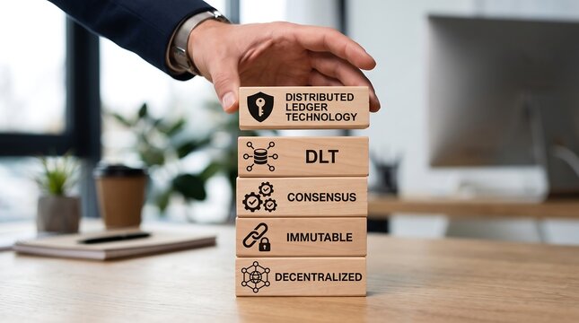 Businessman building blocks with distributed ledger technology concept on office desk