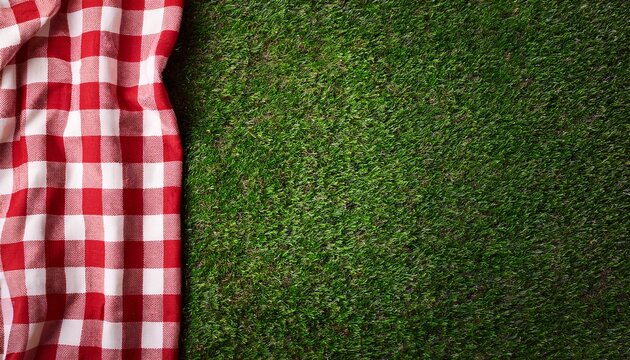 red and white check table cloth banner background overhead view on grass copy space summer outdoor food or picnic theme