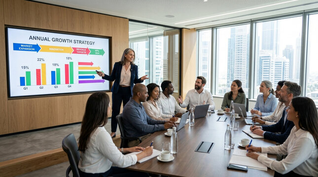 Businesswoman Presents Annual Growth Strategy During Board Meeting with Diverse Team