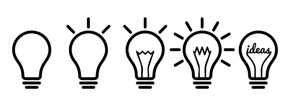 Black and white illustration of light bulbs with one having the word ideas inside representing innovation and creativity