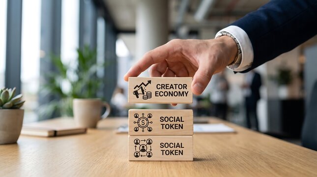 Hand holding block with creator economy text on wooden desk in office