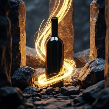 Dark Wine Bottle Surrounded by Glowing Light Trails Among Rugged Rocks