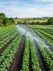 Obraz premium An irrigation system sprays water over a row of young, green plants in a cultivated field. The scene features a farm landscape with rolling hills, trees, and a distant wind turbine.