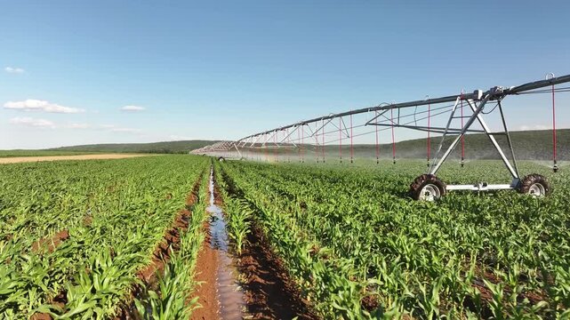 Center pivot irrigation sprays water over a lush young cornfield beneath a bright sky, showcasing modern farming, crop management, water efficiency and mechanized agricultural practices in a rural lan