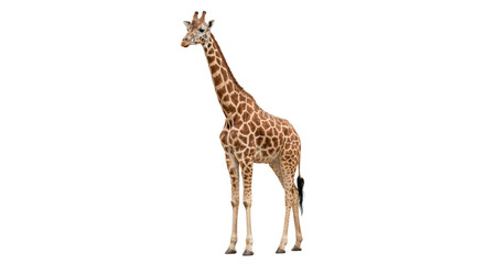A solitary giraffe stands tall against a clean white background © Sapphire