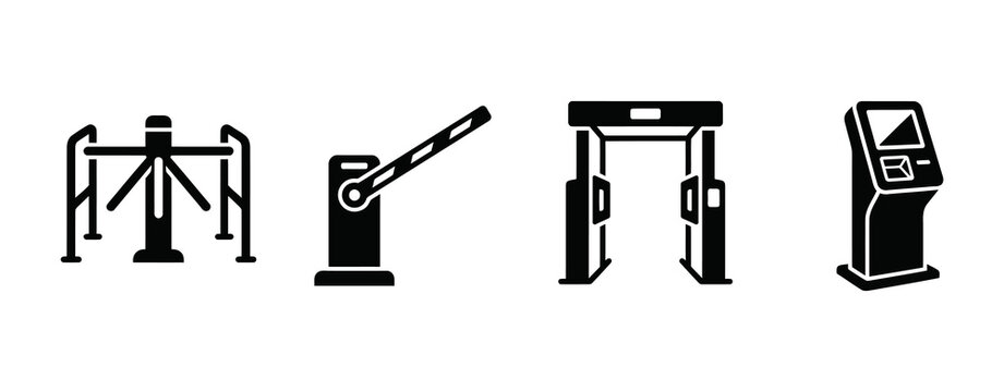 Digital icon collection featuring essential access control, security checkpoint devices, and self-service automation systems for public and commercial infrastructure