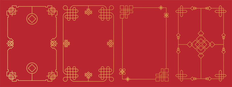 Luxury Chinese decorative frame border vector set. Elegant oriental line art rectangle and square borders with traditional ornaments for Chinese New Year invitation, menu, label and festive branding.
