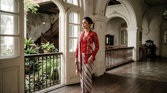 Elegant Indonesian Woman in Traditional Red Kebaya and Batik Skirt