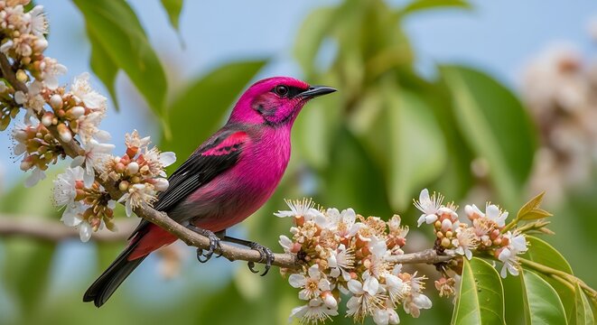 Vivid Pink Songbird Perched on Flowering Branch in Sunny Spring Garden