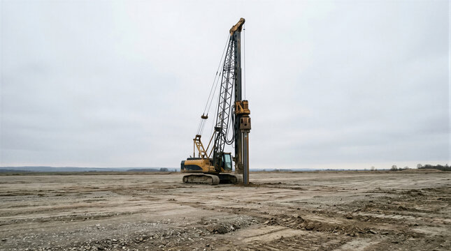 Pile driver machine operating on construction site. Large heavy equipment for foundation drilling and ground improvement. Industrial development project on vacant land in engineering work.