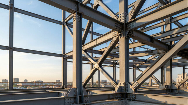 Steel beam structure of building under construction. Modern skyscraper framework with metal girders and bolts. Industrial development and urban architecture engineering project background.