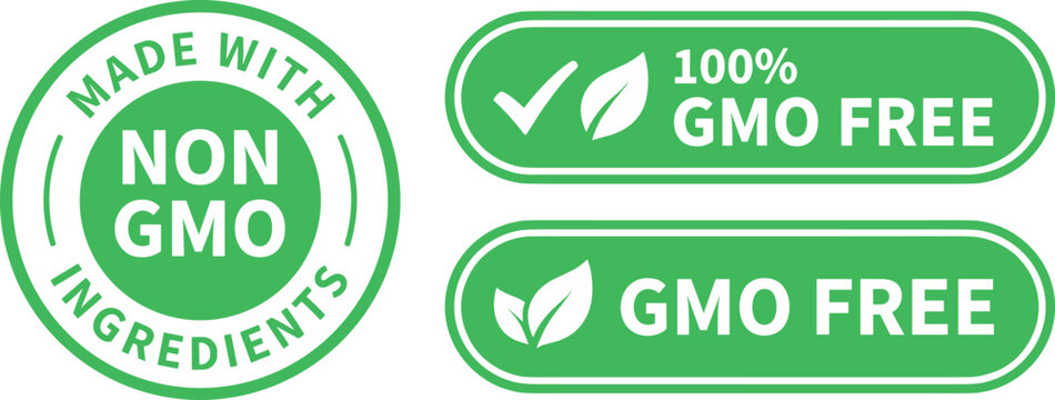 Non GMO Free Food Labels Set with Green Organic Certification Badges and Packaging Stickers