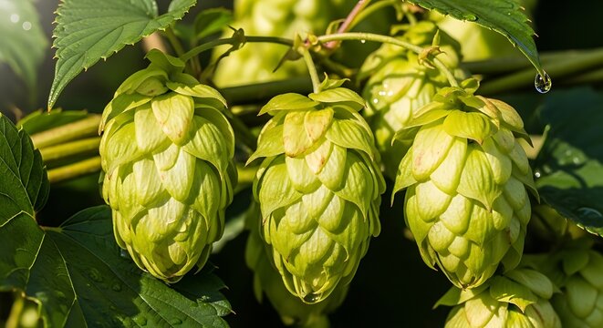 Fresh Green Hop Cones Hanging on Vine in Sunlit Garden