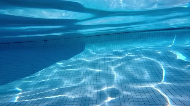 A close view of a swimming pool bottom featuring caustic light patterns, gentle ripples, flowing wave reflections, and shimmering water textures creating a calm, abstract aquatic background.