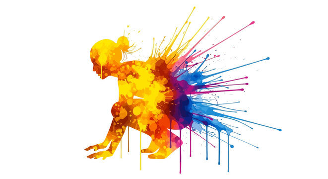 Abstract Colorful Splatter Art Silhouette of a Female Athlete in Starting Position