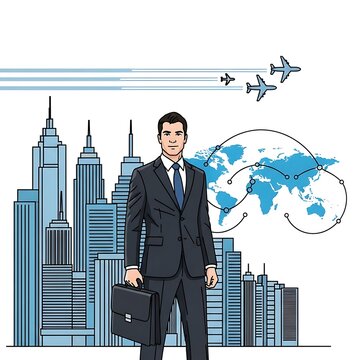 Confident Businessman Holding Briefcase Standing Before Modern City Skyline and Global Travel Map